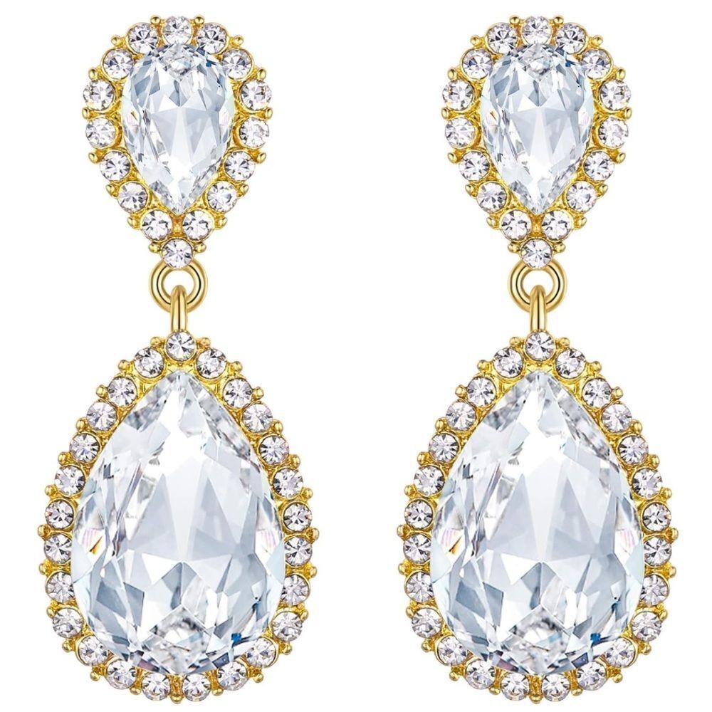 Yellow Gold with White Diamond Austrian Crystal Teardrop Post Back Earrings